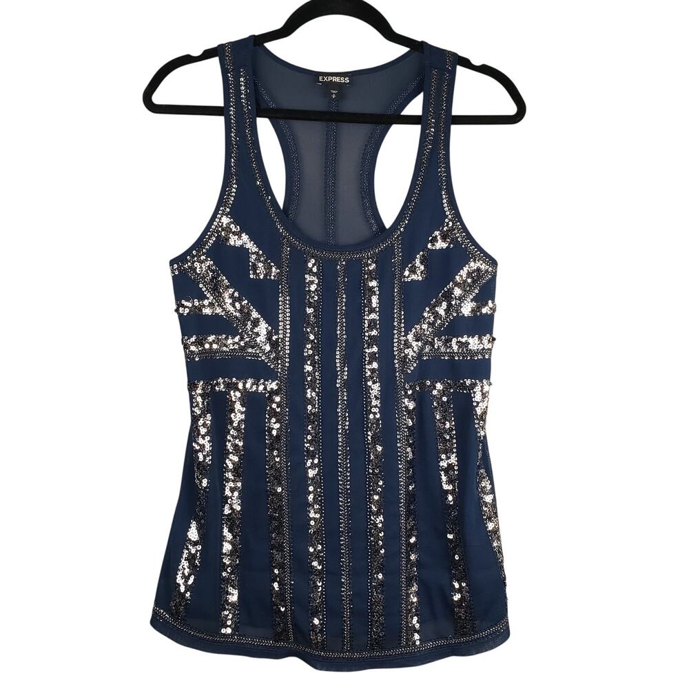 Express Size S Sequin Beaded Going Out Tank Top Blue Silver Y2K Bling Glam Event